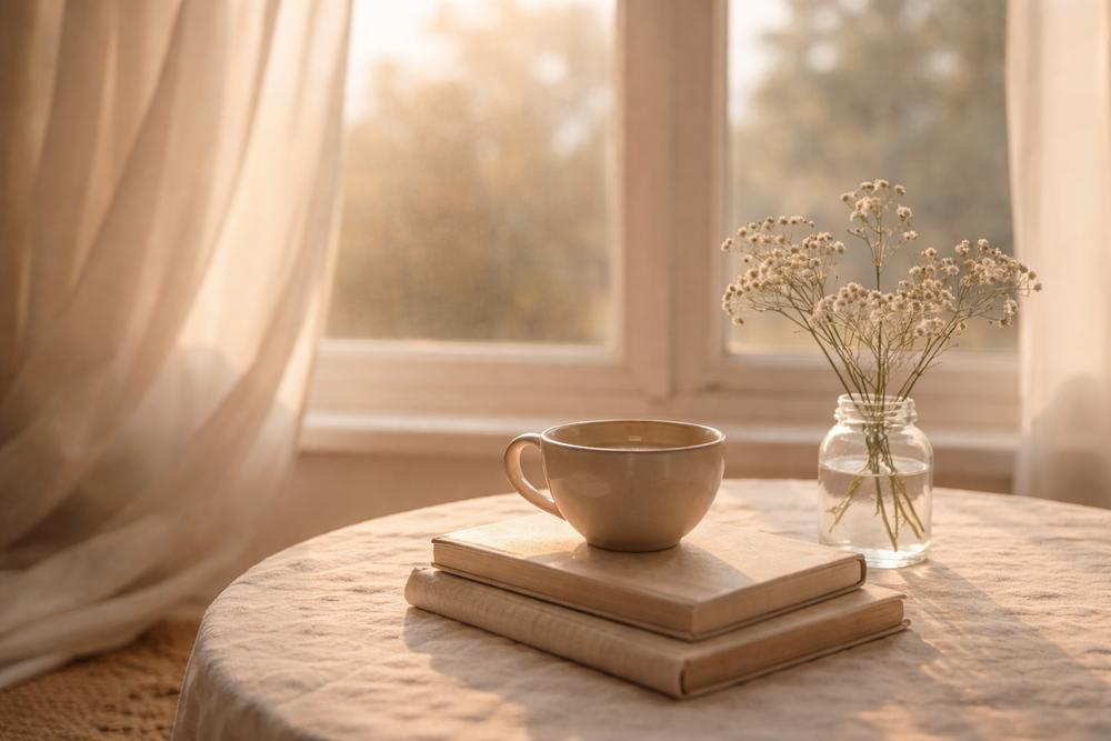 Coffee cup resting on books beside flowers